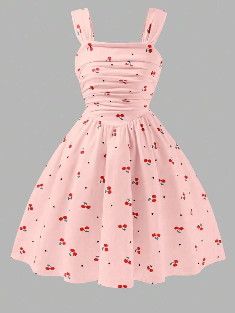 Tween Girls Girls' Fruit Cherry Digital Print Spaghetti Strap Mini Dress, Outfit - Pink - View 6