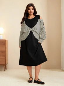 Edennvi Gaun Lengan Panjang Bergaris Patchwork Hitam Putih untuk Wanita Ukuran Besar Musim Gugur/Dingin Fashion Kasual Longgar Nyaman untuk Sehari-hari Formal Liburan - Aprikot - View 1