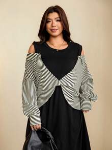 Edennvi Gaun Lengan Panjang Bergaris Patchwork Hitam Putih untuk Wanita Ukuran Besar Musim Gugur/Dingin Fashion Kasual Longgar Nyaman untuk Sehari-hari Formal Liburan - Aprikot - View 7