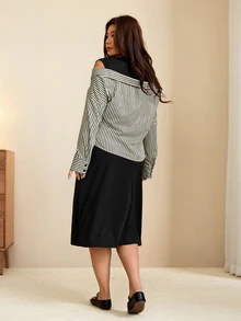 Edennvi Gaun Lengan Panjang Bergaris Patchwork Hitam Putih untuk Wanita Ukuran Besar Musim Gugur/Dingin Fashion Kasual Longgar Nyaman untuk Sehari-hari Formal Liburan - Aprikot - View 2