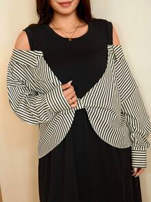 Edennvi Gaun Lengan Panjang Bergaris Patchwork Hitam Putih untuk Wanita Ukuran Besar Musim Gugur/Dingin Fashion Kasual Longgar Nyaman untuk Sehari-hari Formal Liburan - Aprikot - View 3