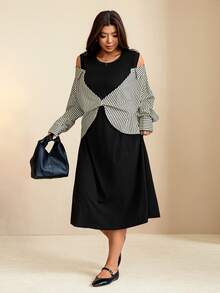 Edennvi Gaun Lengan Panjang Bergaris Patchwork Hitam Putih untuk Wanita Ukuran Besar Musim Gugur/Dingin Fashion Kasual Longgar Nyaman untuk Sehari-hari Formal Liburan - Aprikot - View 6