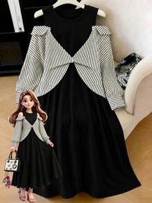 Edennvi Gaun Lengan Panjang Bergaris Patchwork Hitam Putih untuk Wanita Ukuran Besar Musim Gugur/Dingin Fashion Kasual Longgar Nyaman untuk Sehari-hari Formal Liburan - Aprikot - View 4