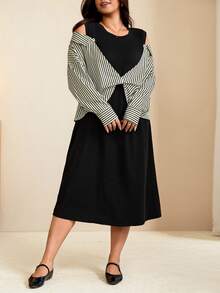 Edennvi Gaun Lengan Panjang Bergaris Patchwork Hitam Putih untuk Wanita Ukuran Besar Musim Gugur/Dingin Fashion Kasual Longgar Nyaman untuk Sehari-hari Formal Liburan - Aprikot - View 5