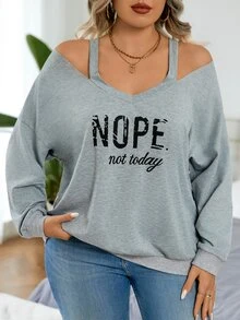 EMERY ROSE Women's Plus Size Dark Grey V-Neck Open Shoulder Screen Print Long Sleeve Sweatshirt,Casual Everyday Elegant Simple Pullover For Autumn Fall Winter - Light Grey - View 3