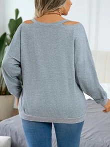 EMERY ROSE Women's Plus Size Dark Grey V-Neck Open Shoulder Screen Print Long Sleeve Sweatshirt,Casual Everyday Elegant Simple Pullover For Autumn Fall Winter - Light Grey - View 4