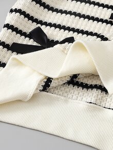 SHEIN Genkimix Kids 女童黑白條紋圓領長袖上衣與純色長寬腿褲 2 件套 秋季圓領白色羅紋袖口與下擺設計 - 黑色 - 查看 5