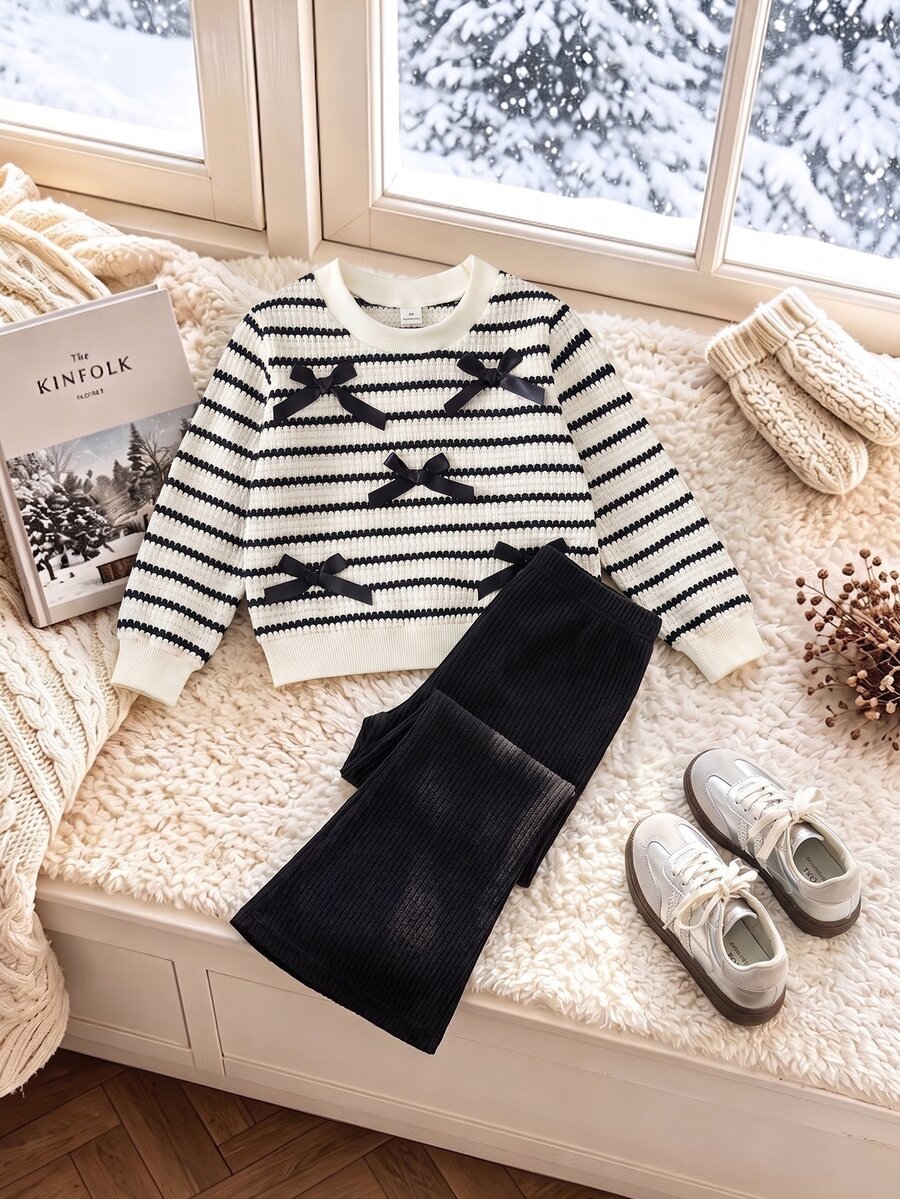 SHEIN Genkimix Kids 女童黑白條紋圓領長袖上衣與純色長寬腿褲 2 件套 秋季圓領白色羅紋袖口與下擺設計 - 黑色 - 查看 1
