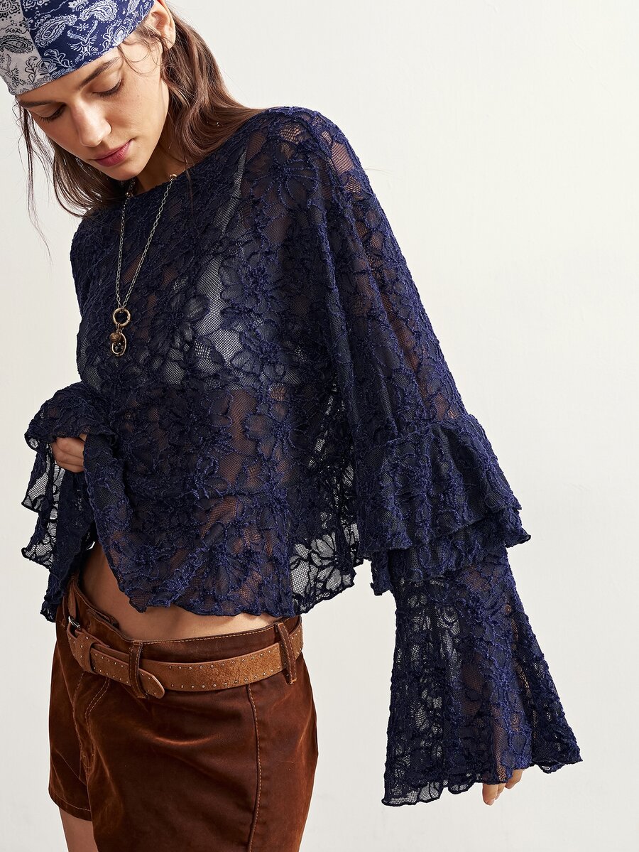 Bohemela Casual Boho Romantic Elegant Solid Color Knit Lace Ruffle Trim ...