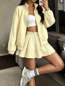 Cévolie Women's Solid Yellow Zip-Up Hoodie And Drawstring Waist Skirt Set - Yellow - View 1