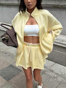 Cévolie Women's Solid Yellow Zip-Up Hoodie And Drawstring Waist Skirt Set - Yellow - View 3