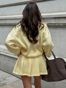 Cévolie Women's Solid Yellow Zip-Up Hoodie And Drawstring Waist Skirt Set - Yellow - View 2