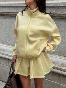 Cévolie Women's Solid Yellow Zip-Up Hoodie And Drawstring Waist Skirt Set - Yellow - View 6