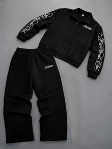 SHEIN Coolqubz 2件組青少年男孩休閒街頭風白色解構設計立領拉鍊夾克與寬鬆直筒運動長褲套裝，適合休閒酷帥街頭風帥氣造型 - 黑色 - 查看 3