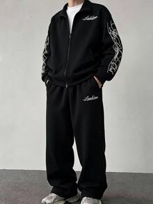 SHEIN Coolqubz 2件組青少年男孩休閒街頭風白色解構設計立領拉鍊夾克與寬鬆直筒運動長褲套裝，適合休閒酷帥街頭風帥氣造型 - 黑色 - 查看 2