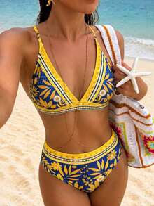 SHEIN Swim 女款夏季海灘度假泳池派對花卉印花性感熱帶輕盈飄逸時尚比基尼兩件式泳衣套裝（定位印花）藍色花卉 - 彩色 - 查看 2