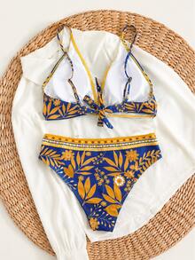 SHEIN Swim 女款夏季海灘度假泳池派對花卉印花性感熱帶輕盈飄逸時尚比基尼兩件式泳衣套裝（定位印花）藍色花卉 - 彩色 - 查看 5