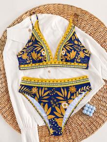 SHEIN Swim 女款夏季海灘度假泳池派對花卉印花性感熱帶輕盈飄逸時尚比基尼兩件式泳衣套裝（定位印花）藍色花卉 - 彩色 - 查看 4