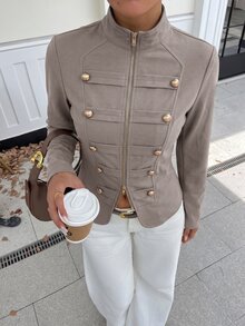 Lavishia 女款新款極簡主義春夏復古立領襯衫上衣，修身拉鍊前開襟拿破崙/軍裝夾克背心，女款夏季服飾，適合外出、鄉村音樂會穿搭、夏季上衣，適用於通勤、休閒外出、街頭穿搭 - 摩卡棕 - 查看 4