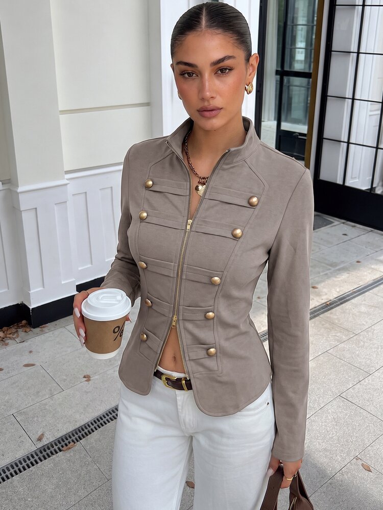 Lavishia Women's New Minimalist Spring/Summer Vintage Stand Collar Shirt Top, Slim Fit Zipper Front Opening Napoleon/Military Jacket Vest, Women's Summer Clothing, Outing, Country Music Concert Outfit, Summer Top, Suitable For Commuting, Outing, Street Wear - Mocha Brown - View 7