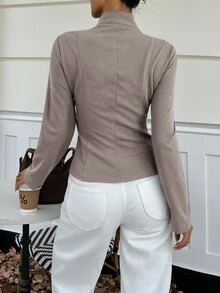 Lavishia 女款新款極簡主義春夏復古立領襯衫上衣，修身拉鍊前開襟拿破崙/軍裝夾克背心，女款夏季服飾，適合外出、鄉村音樂會穿搭、夏季上衣，適用於通勤、休閒外出、街頭穿搭 - 摩卡棕 - 查看 2