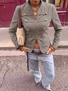 Lavishia 女款新款極簡主義春夏復古立領襯衫上衣，修身拉鍊前開襟拿破崙/軍裝夾克背心，女款夏季服飾，適合外出、鄉村音樂會穿搭、夏季上衣，適用於通勤、休閒外出、街頭穿搭 - 摩卡棕 - 查看 10