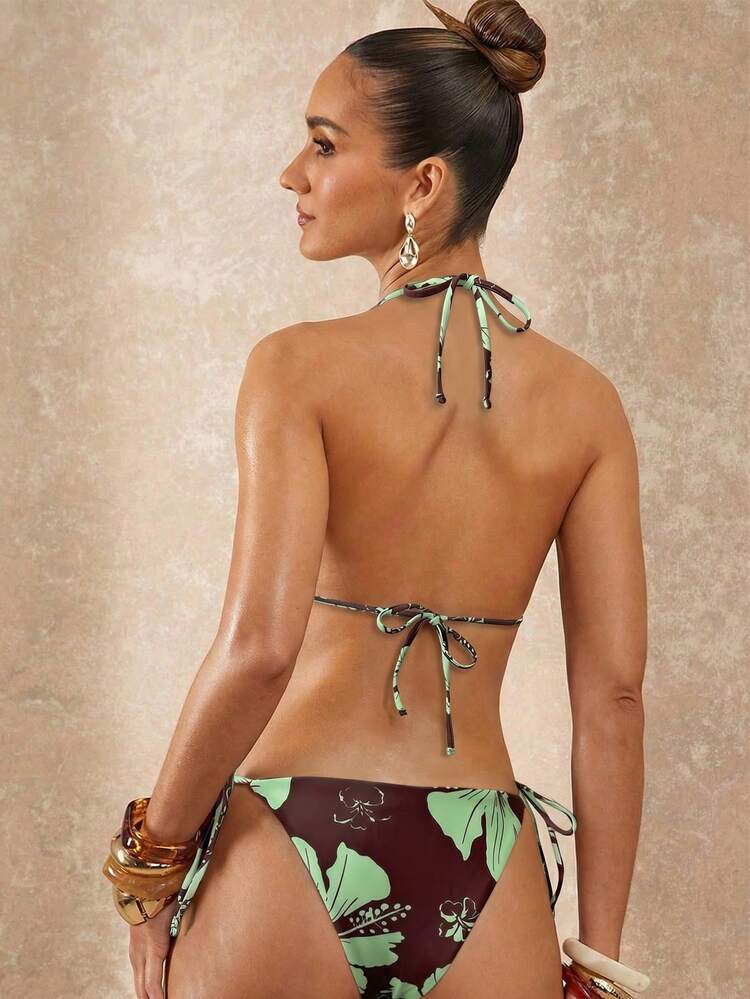 Lumalex 2pcs Set Bikini Segitiga Motif Bunga dengan Tali Belakang dan Bawahan, Cocok untuk Pantai, Kolam Renang, dan Olahraga Air, Setelan Bikini Musim Panas Wanita yang Modis dan Seksi untuk Pantai dan Olahraga Air. - MultiWarna - View 6