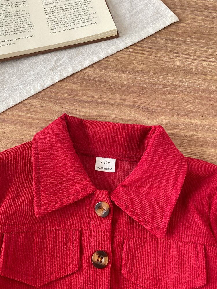 SHEIN Playful Pals 2pcs Baby Girl Jacket Cami Dress Sweet Princess Red White Cherry Print Ruffle Long Sleeve Lapel Collar Birthday Party Autumn Jacket Tiered - Red - View 6
