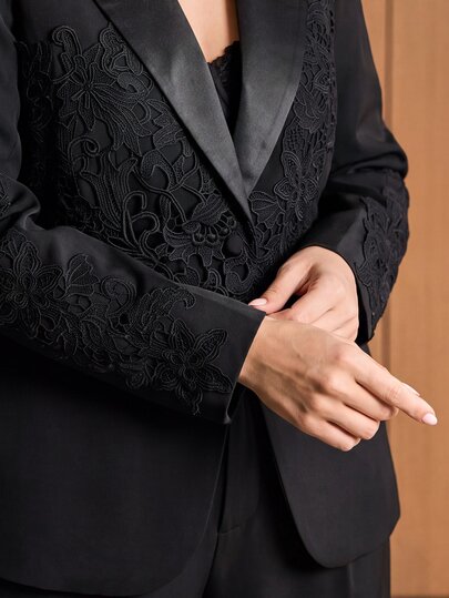 MOTF PREMIUM Blazer elegante de talla grande con encaje en contraste para mujer, estilo de oficina