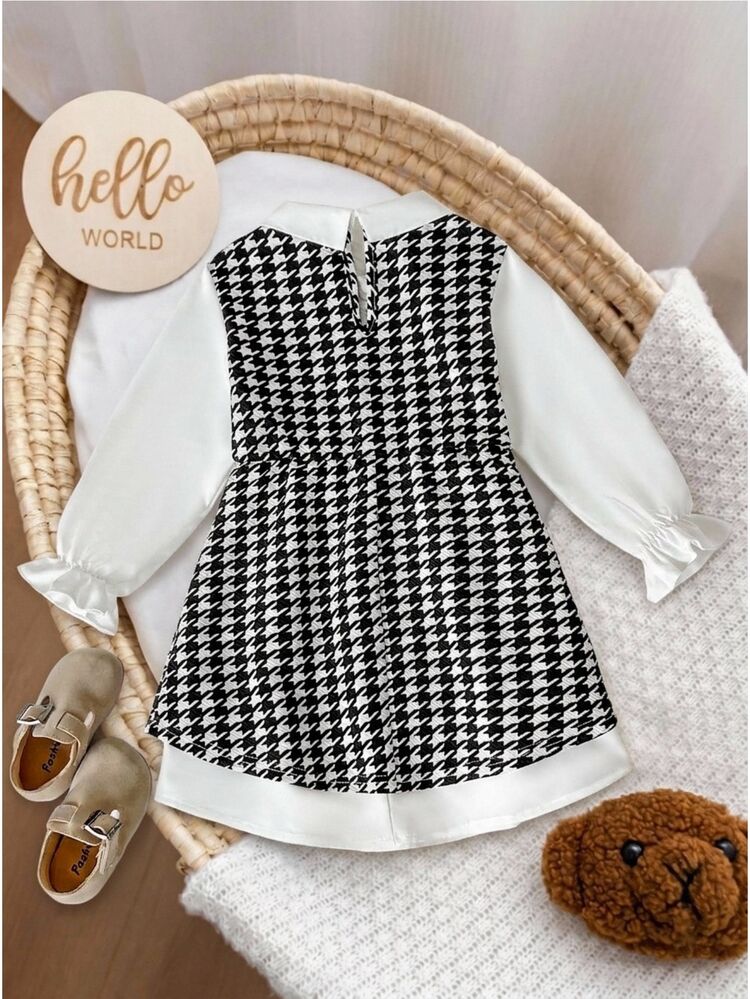 Gaun Fashion Anak Perempuan Muda, Gaun Lengan Panjang Gaya Akademi Motif Houndstooth Hitam & Putih Model Putri, Gaun Homecoming untuk Halloween Musim Gugur Natal dan Musim Dingin - Hitam dan Putih - View 2