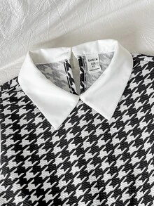 少女時尚長袖公主洋裝，學院風黑白千鳥格，返校舞會禮服，萬聖節秋季風格，聖誕冬季穿搭 - 黑與白 - 查看 4