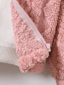 SHEIN 女童可愛連帽拉鍊抓絨外套，粉色雙面抓絨布料搭配緞面蝴蝶結裝飾，前拉鍊設計，長袖彈性袖口，1件，短版寬鬆版型，柔軟舒適，適合日常穿著、上學、外出、度假、派對與節日的休閒百搭穿搭 - 粉色 - 查看 8