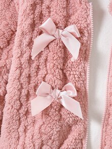 SHEIN 女童可愛連帽拉鍊抓絨外套，粉色雙面抓絨布料搭配緞面蝴蝶結裝飾，前拉鍊設計，長袖彈性袖口，1件，短版寬鬆版型，柔軟舒適，適合日常穿著、上學、外出、度假、派對與節日的休閒百搭穿搭 - 粉色 - 查看 5