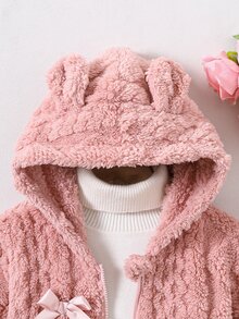 SHEIN 女童可愛連帽拉鍊抓絨外套，粉色雙面抓絨布料搭配緞面蝴蝶結裝飾，前拉鍊設計，長袖彈性袖口，1件，短版寬鬆版型，柔軟舒適，適合日常穿著、上學、外出、度假、派對與節日的休閒百搭穿搭 - 粉色 - 查看 6