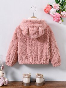 SHEIN 女童可愛連帽拉鍊抓絨外套，粉色雙面抓絨布料搭配緞面蝴蝶結裝飾，前拉鍊設計，長袖彈性袖口，1件，短版寬鬆版型，柔軟舒適，適合日常穿著、上學、外出、度假、派對與節日的休閒百搭穿搭 - 粉色 - 查看 2