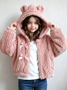 SHEIN 女童可愛連帽拉鍊抓絨外套，粉色雙面抓絨布料搭配緞面蝴蝶結裝飾，前拉鍊設計，長袖彈性袖口，1件，短版寬鬆版型，柔軟舒適，適合日常穿著、上學、外出、度假、派對與節日的休閒百搭穿搭 - 粉色 - 查看 4