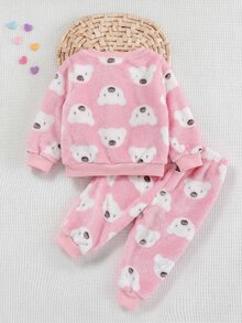 SHEIN Set Pakaian Santai 2 Potong untuk Bayi Perempuan: Atasan Kerah Bulat dan Celana dari Fleece Karang dengan Motif Beruang Lucu, Warna Pink, Cocok untuk Musim Gugur dan Musim Dingin - MultiWarna - View 2