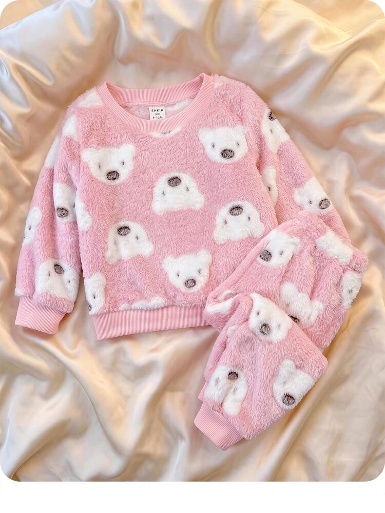 SHEIN Two Pieces Loungewear Set For Baby Girls: Coral Fleece Crew-Neck Top And Pants, Featuring A Cute Bear Pattern; Pink; Suitable For Autumn And Winter. - Multicolor - View 1