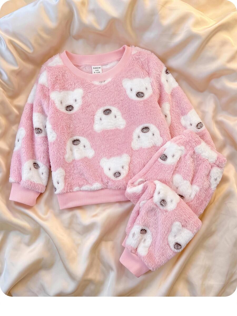 SHEIN Set Pakaian Santai 2 Potong untuk Bayi Perempuan: Atasan Kerah Bulat dan Celana dari Fleece Karang dengan Motif Beruang Lucu, Warna Pink, Cocok untuk Musim Gugur dan Musim Dingin - MultiWarna - View 1