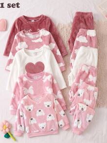 SHEIN Set Pakaian Santai 2 Potong untuk Bayi Perempuan: Atasan Kerah Bulat dan Celana dari Fleece Karang dengan Motif Beruang Lucu, Warna Pink, Cocok untuk Musim Gugur dan Musim Dingin - MultiWarna - View 5