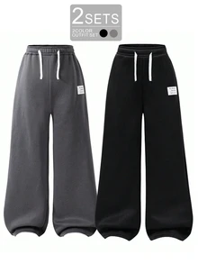 Vacaura 2 Packs Boys' Spring & Fall Street Minimalist Drawstring Sweatpants (Dark Gray + Black) Casual Sports Pants For Daily & School - Multicolor - View 3