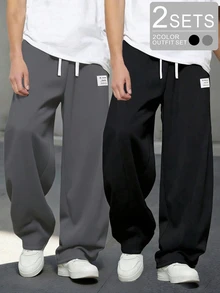 Vacaura 2 Packs Boys' Spring & Fall Street Minimalist Drawstring Sweatpants (Dark Gray + Black) Casual Sports Pants For Daily & School - Multicolor - View 2
