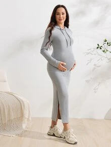 GentleRue Maternity 孕婦長袖連帽修身針織洋裝，側開衩下擺，舒適居家穿著，麻灰色拍照用秋季休閒性感款 - 灰色 - 查看 5