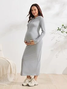 GentleRue Maternity 孕婦長袖連帽修身針織洋裝，側開衩下擺，舒適居家穿著，麻灰色拍照用秋季休閒性感款 - 灰色 - 查看 9
