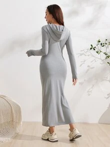 GentleRue Maternity 孕婦長袖連帽修身針織洋裝，側開衩下擺，舒適居家穿著，麻灰色拍照用秋季休閒性感款 - 灰色 - 查看 2