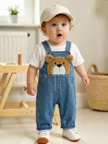 Playful Pals Toddler Boys' Casual Cute Cartoon Bear Pattern Washed White Blue And Brown, Versatile And Comfortable Beach Gym Holiday Nursery Summer - Medium Wash - View 3