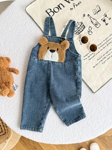 Playful Pals Toddler Boys' Casual Cute Cartoon Bear Pattern Washed White Blue And Brown, Versatile And Comfortable Beach Gym Holiday Nursery Summer - Medium Wash - View 1