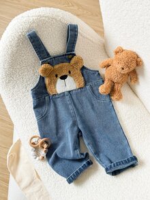 Playful Pals Toddler Boys' Casual Cute Cartoon Bear Pattern Washed White Blue And Brown, Versatile And Comfortable Beach Gym Holiday Nursery Summer - Medium Wash - View 4