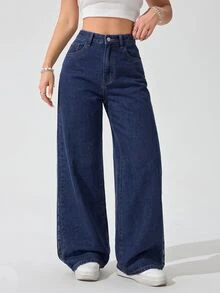 SHEIN Unity Women's High Waist Pocket Wide Leg Loose Casual Denim Jeans - Dark Wash - View 3