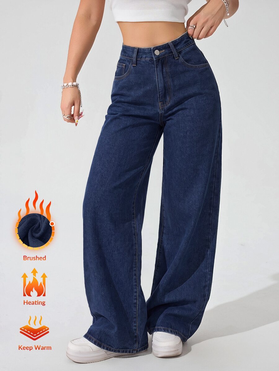 SHEIN Unity Women's High Waist Pocket Wide Leg Loose Casual Denim Jeans - Dark Wash - View 1